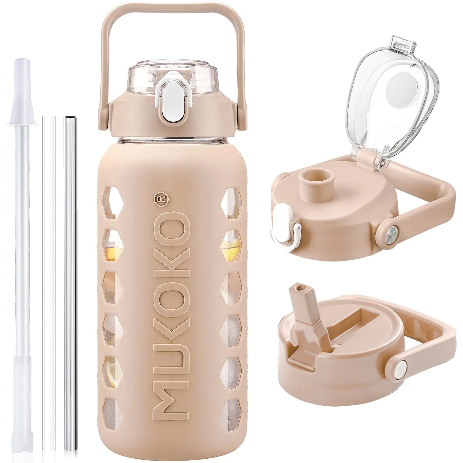 MUKOKO Dual-Lid 64oz Glass Hydration Bottle
